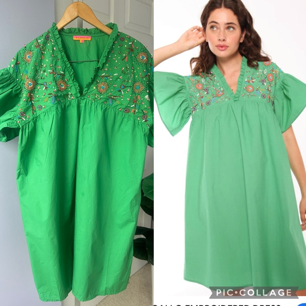 Vilagallo Green Beaded Embroidered V Neck Cotton Poplin Dress